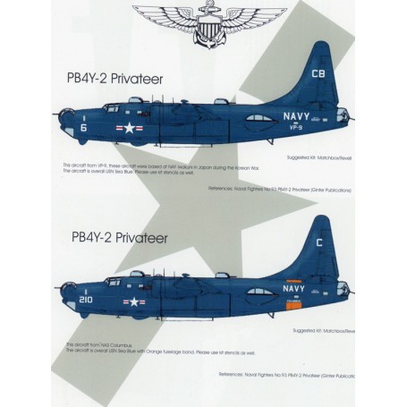 Decal US Navy Lockheed PB4Y-2 PrivateersLockheed PB4Y-2 59427 CB-6 VP-9 Iwakuni Japan 1952Lockheed PB4Y-2 59830 C-210 Columbus 